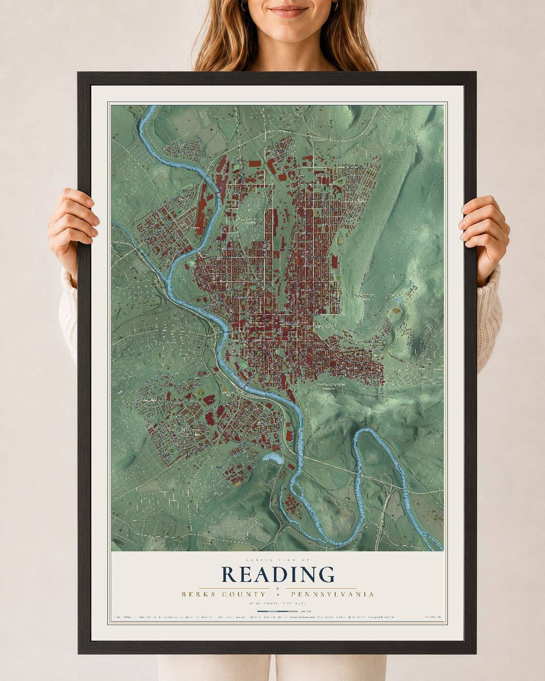Map of Reading, Berks County, Pennsylvania, 24 x 36 inch print in a black wood frame