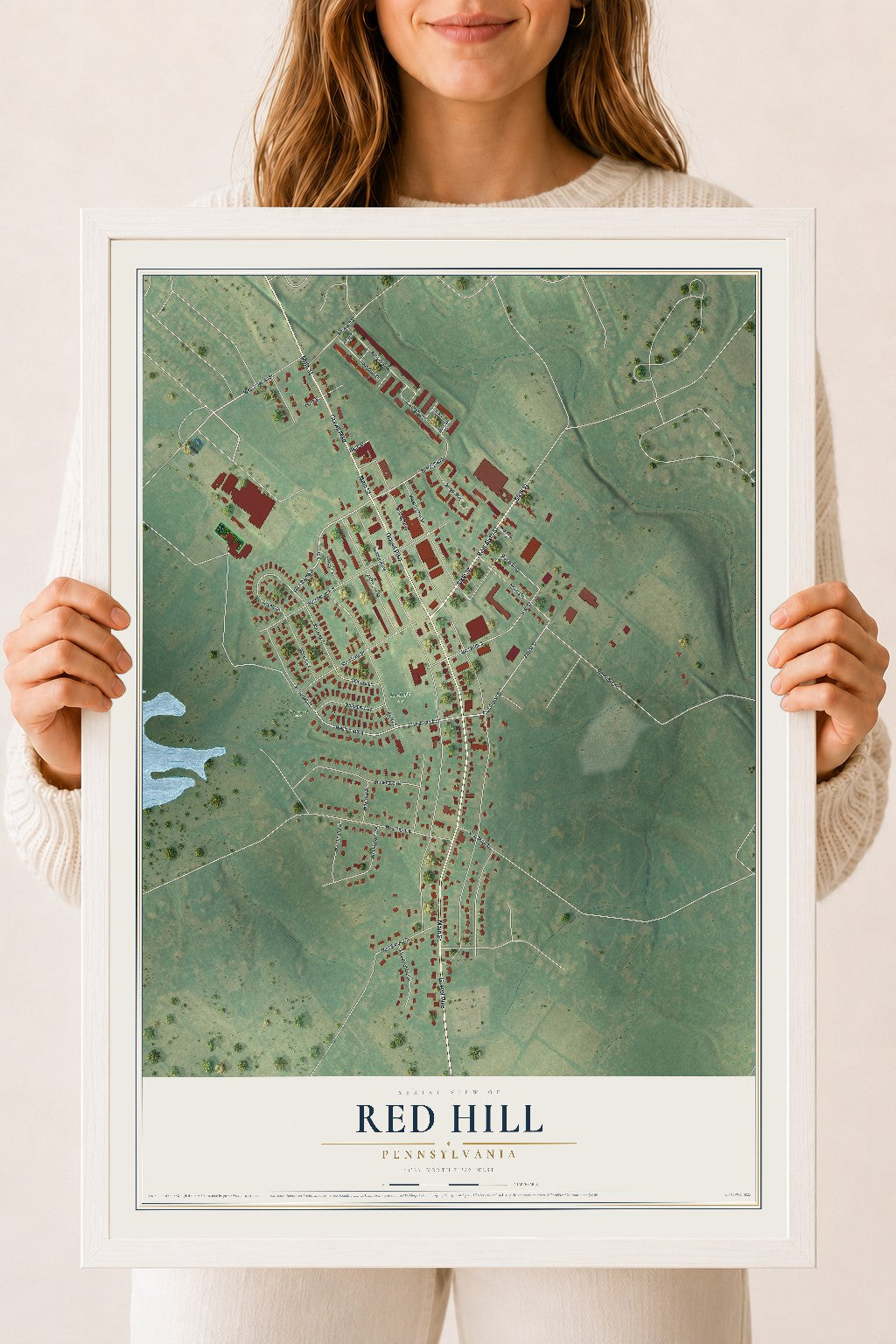 Map of Red Hill, Pennsylvania, 18 x 24 inch print in a white wood frame