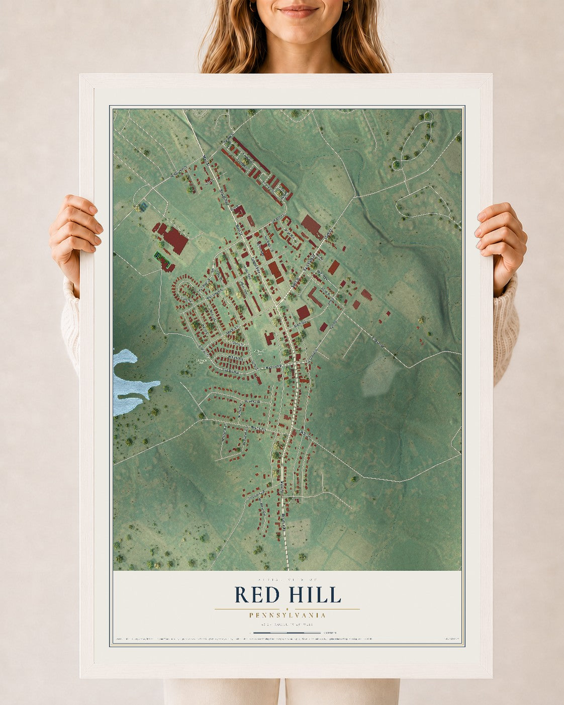 Map of Red Hill, Pennsylvania, 24 x 36 inch print in a white wood frame