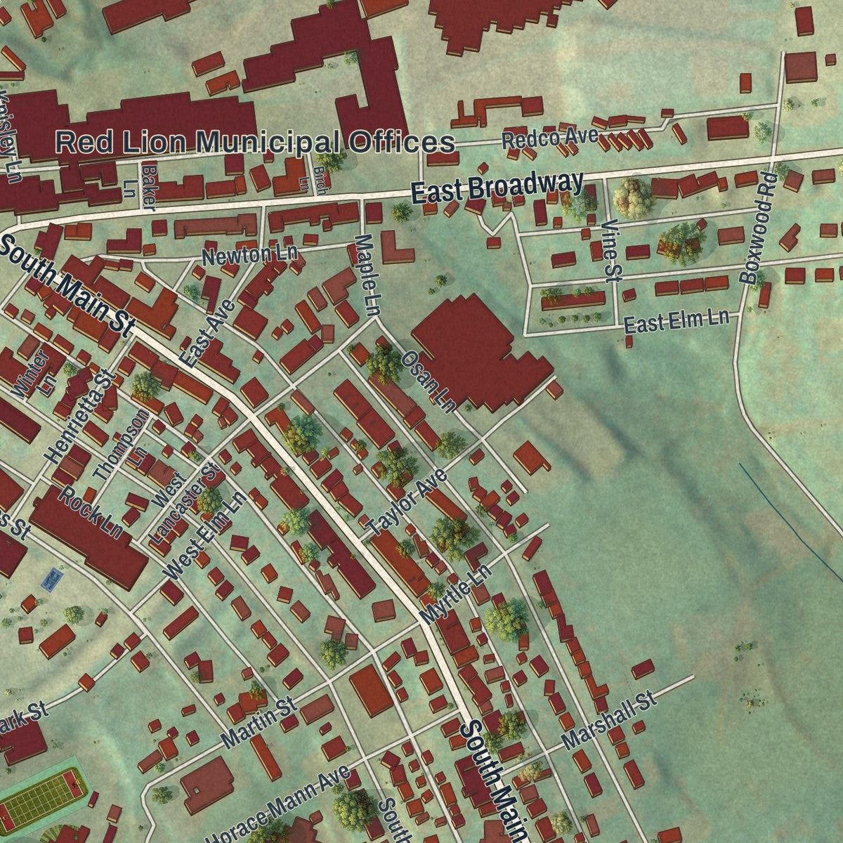 Second close-up of the map of Red Lion, Pennsylvania print showing more streets and buildings