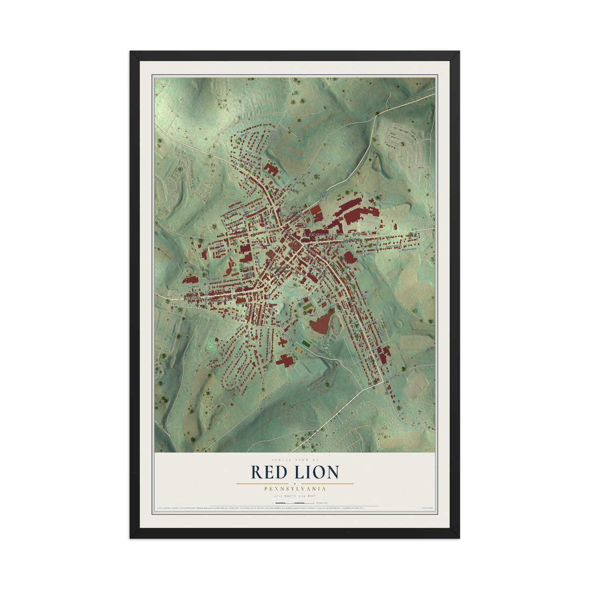 Map of Red Lion, Pennsylvania, 12 x 18 inch print in a black wood frame