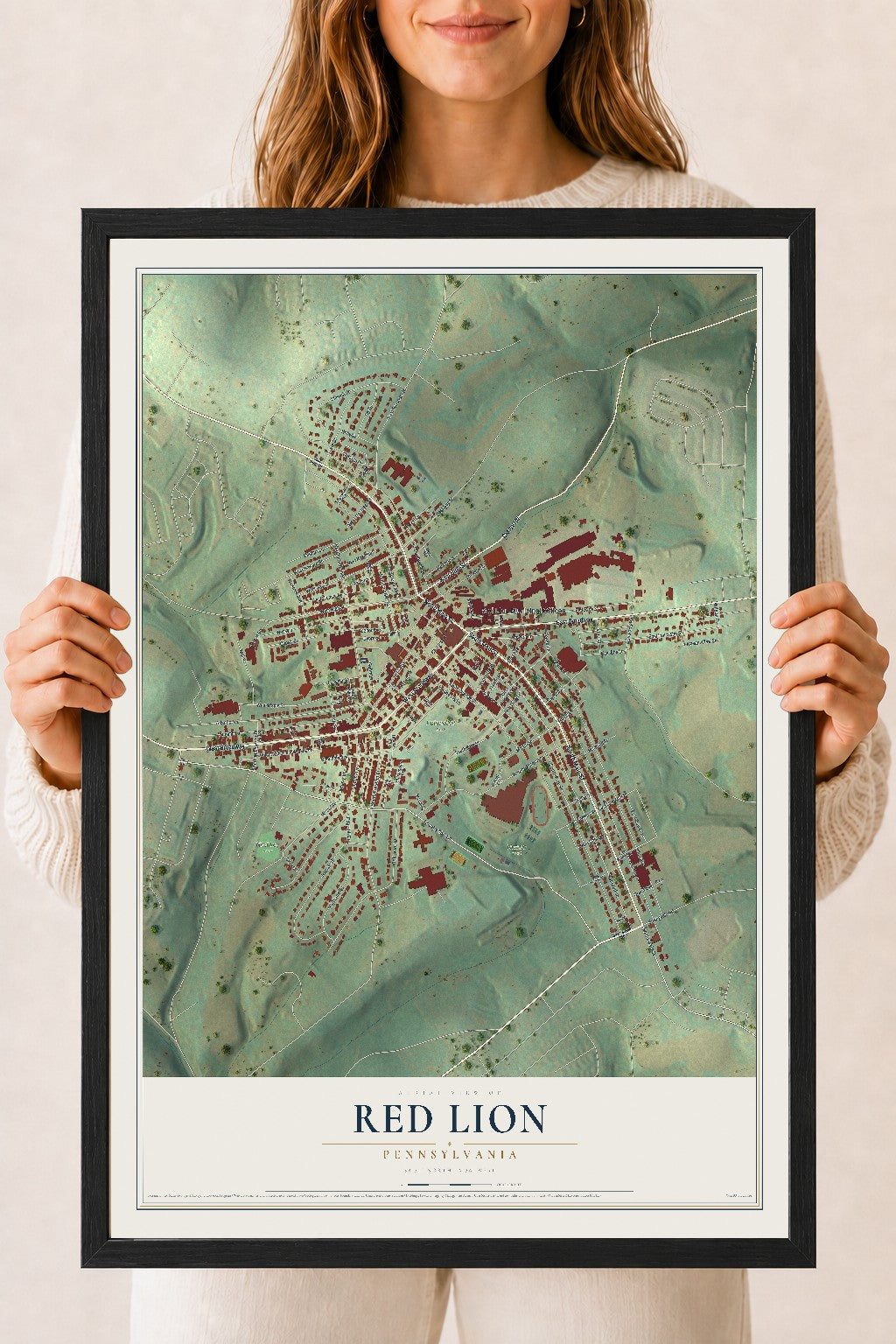 Map of Red Lion, Pennsylvania, 18 x 24 inch print in a black wood frame