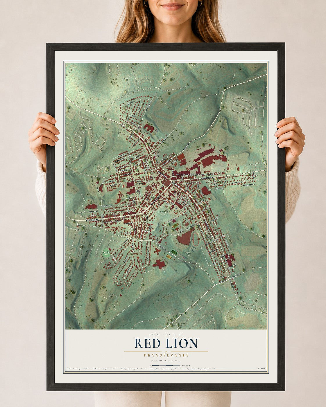 Map of Red Lion, Pennsylvania, 24 x 36 inch print in a black wood frame