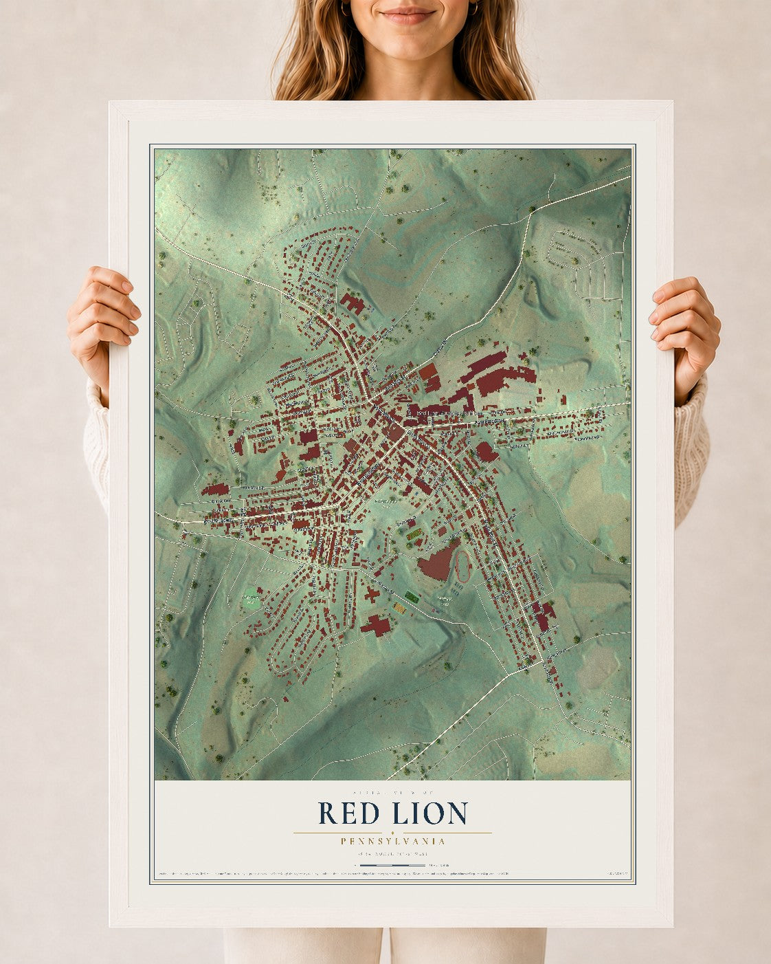 Map of Red Lion, Pennsylvania, 24 x 36 inch print in a white wood frame