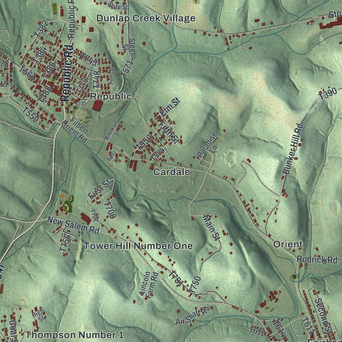 Close-up of the map of Redstone, Pennsylvania print showing street and building detail