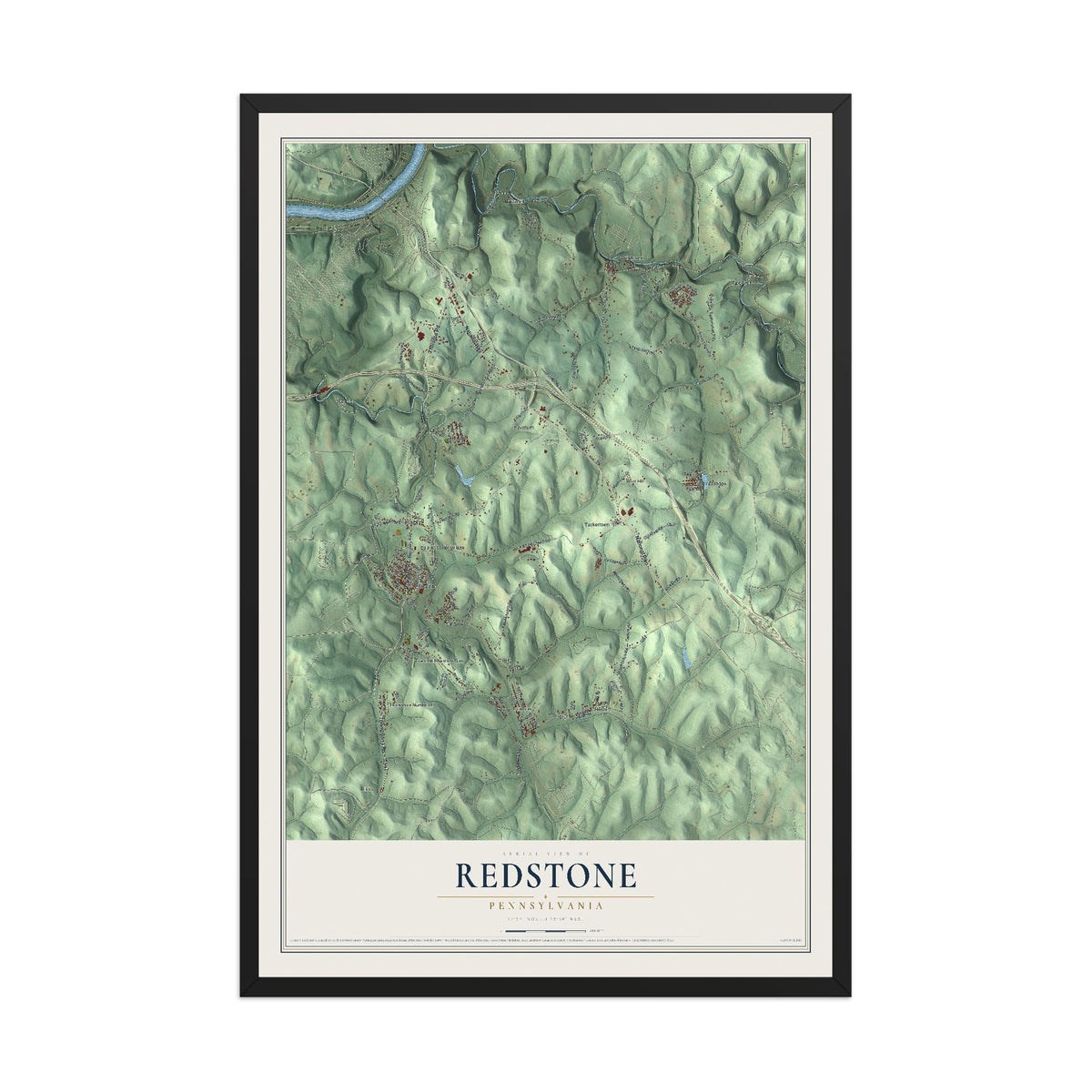 Map of Redstone, Pennsylvania, 12 x 18 inch print in a black wood frame