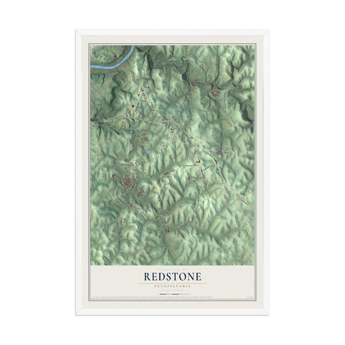 Map of Redstone, Pennsylvania, 12 x 18 inch print in a white wood frame