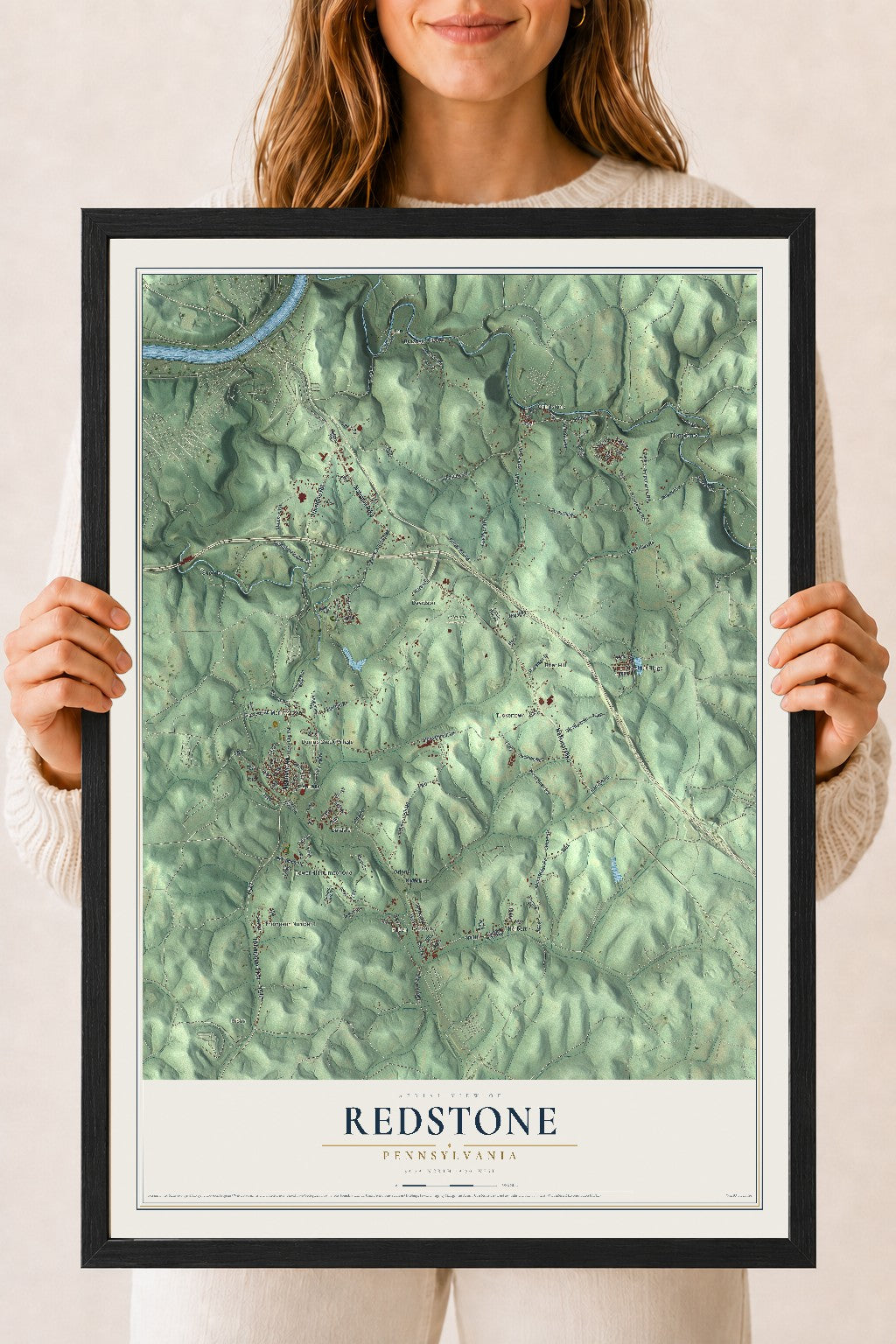 Map of Redstone, Pennsylvania, 18 x 24 inch print in a black wood frame