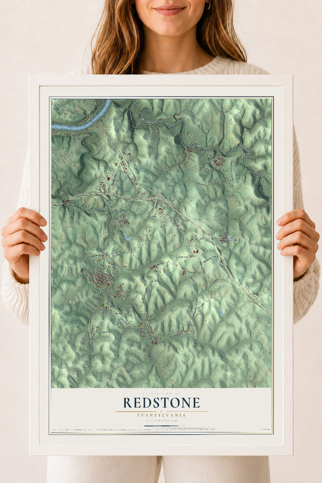 Map of Redstone, Pennsylvania, 18 x 24 inch print in a white wood frame
