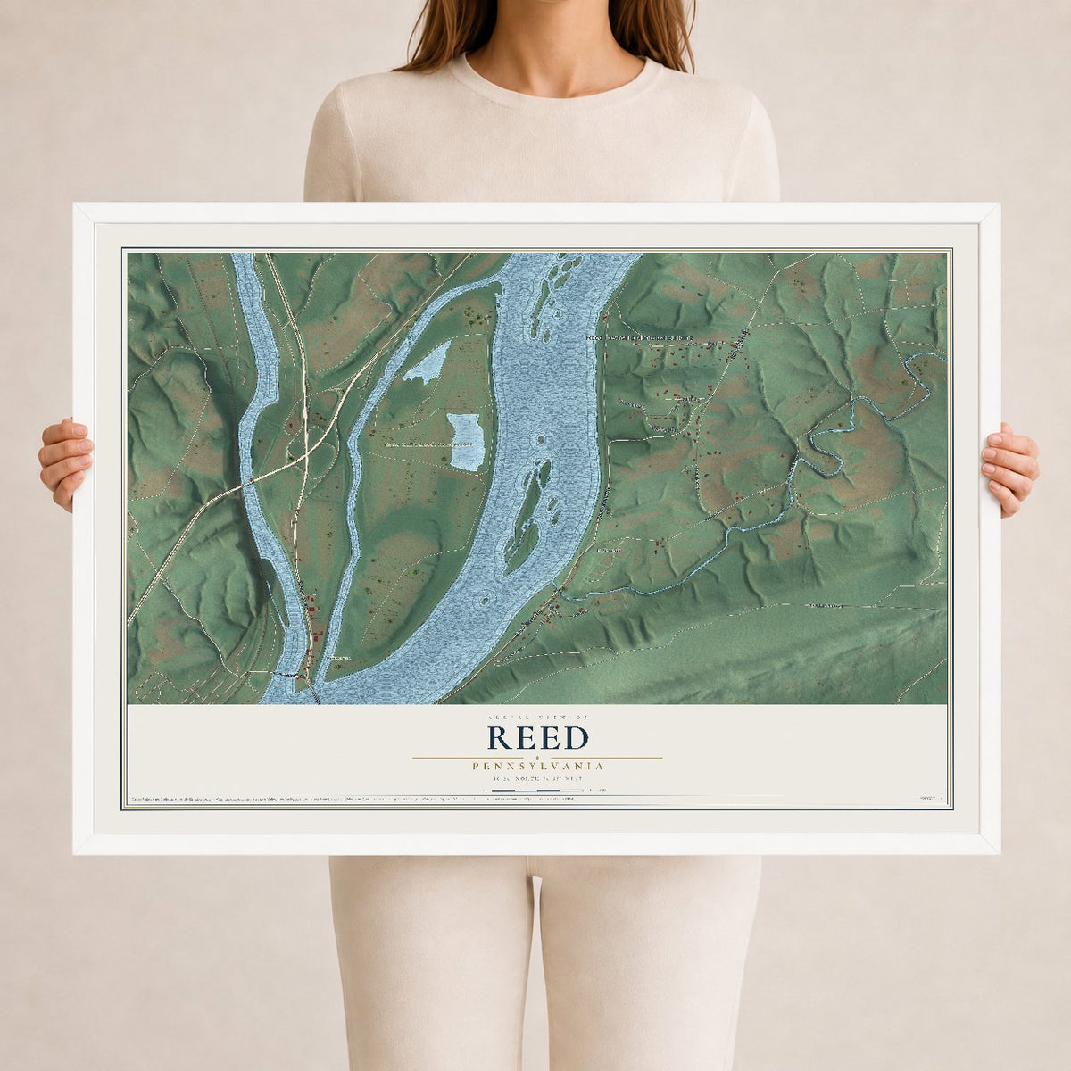 Map of Reed, Pennsylvania, 24 x 36 inch print in a white wood frame