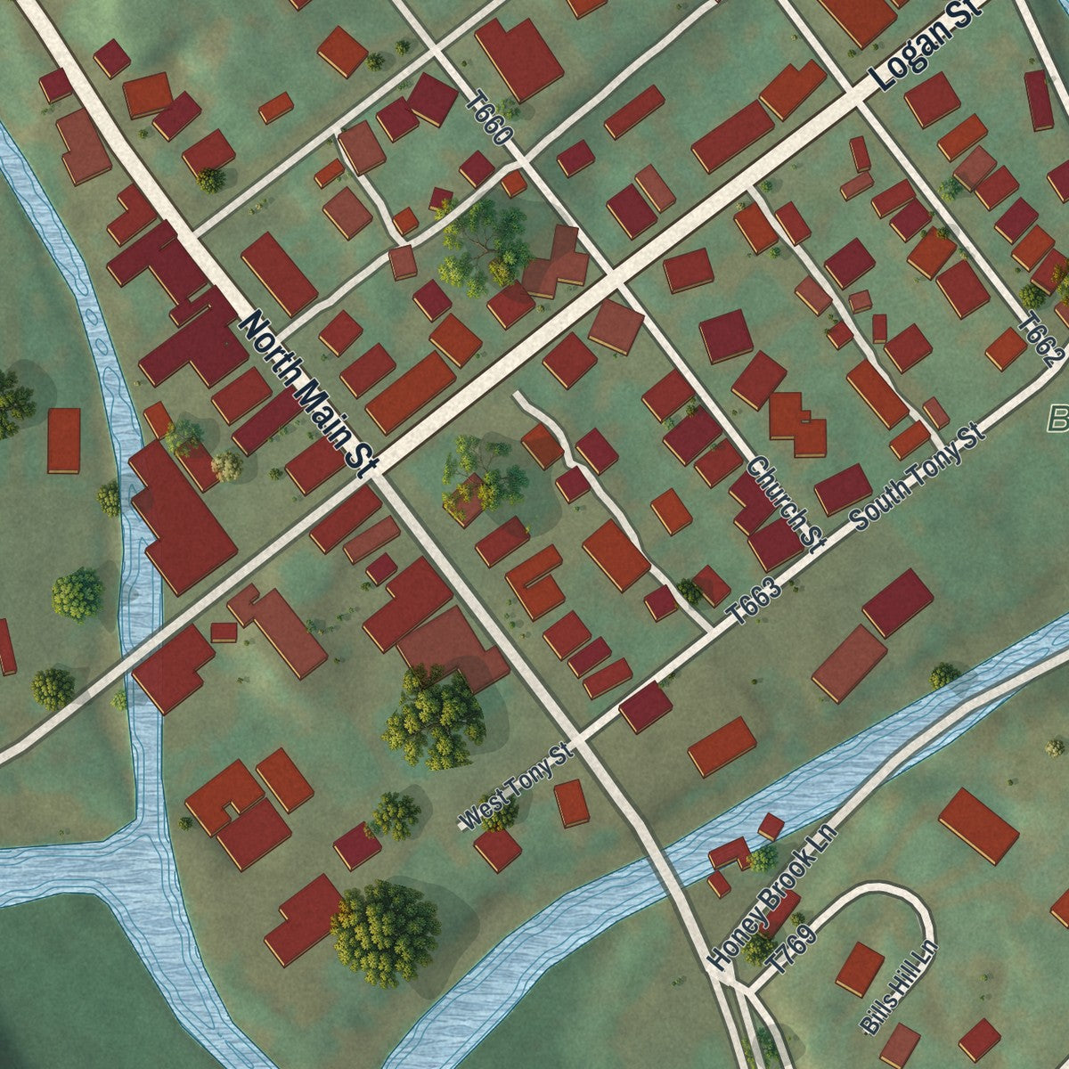 Close-up of the map of Reedsville, Pennsylvania print showing street and building detail