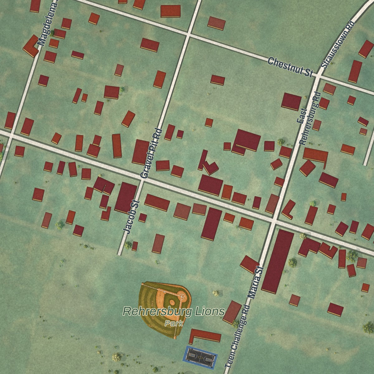 Close-up of the map of Rehrersburg, Pennsylvania print showing street and building detail