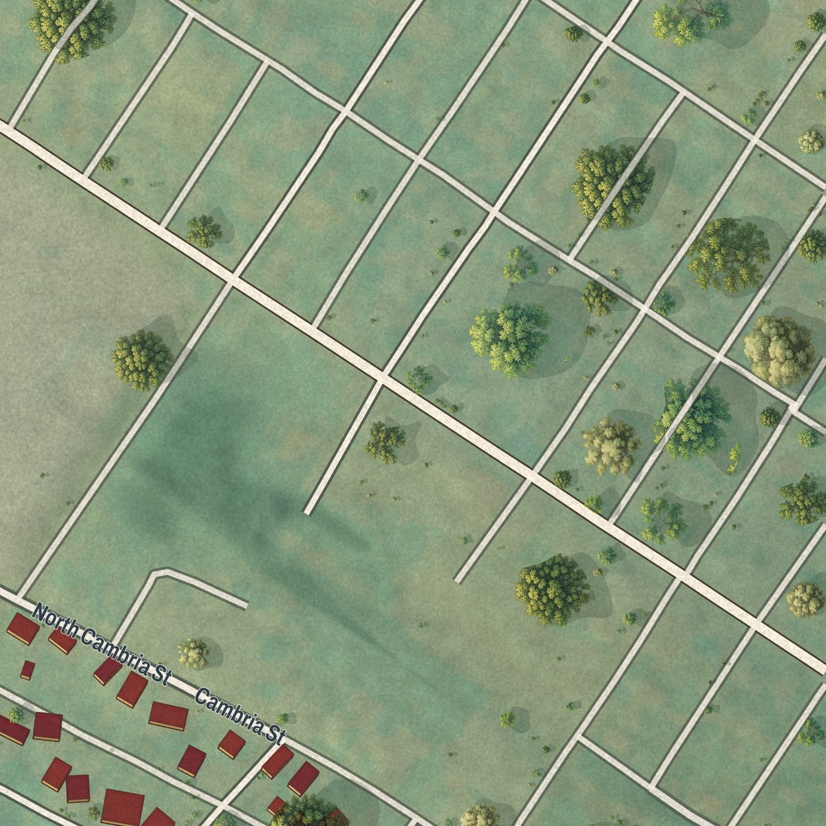 Close-up of the map of Reightown, Pennsylvania print showing street and building detail