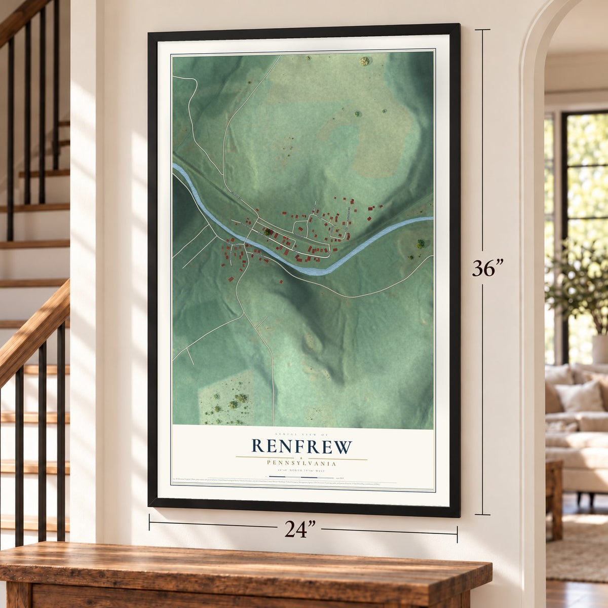 Renfrew, Pennsylvania map, 24 x 36 inch print in a black frame by a staircase