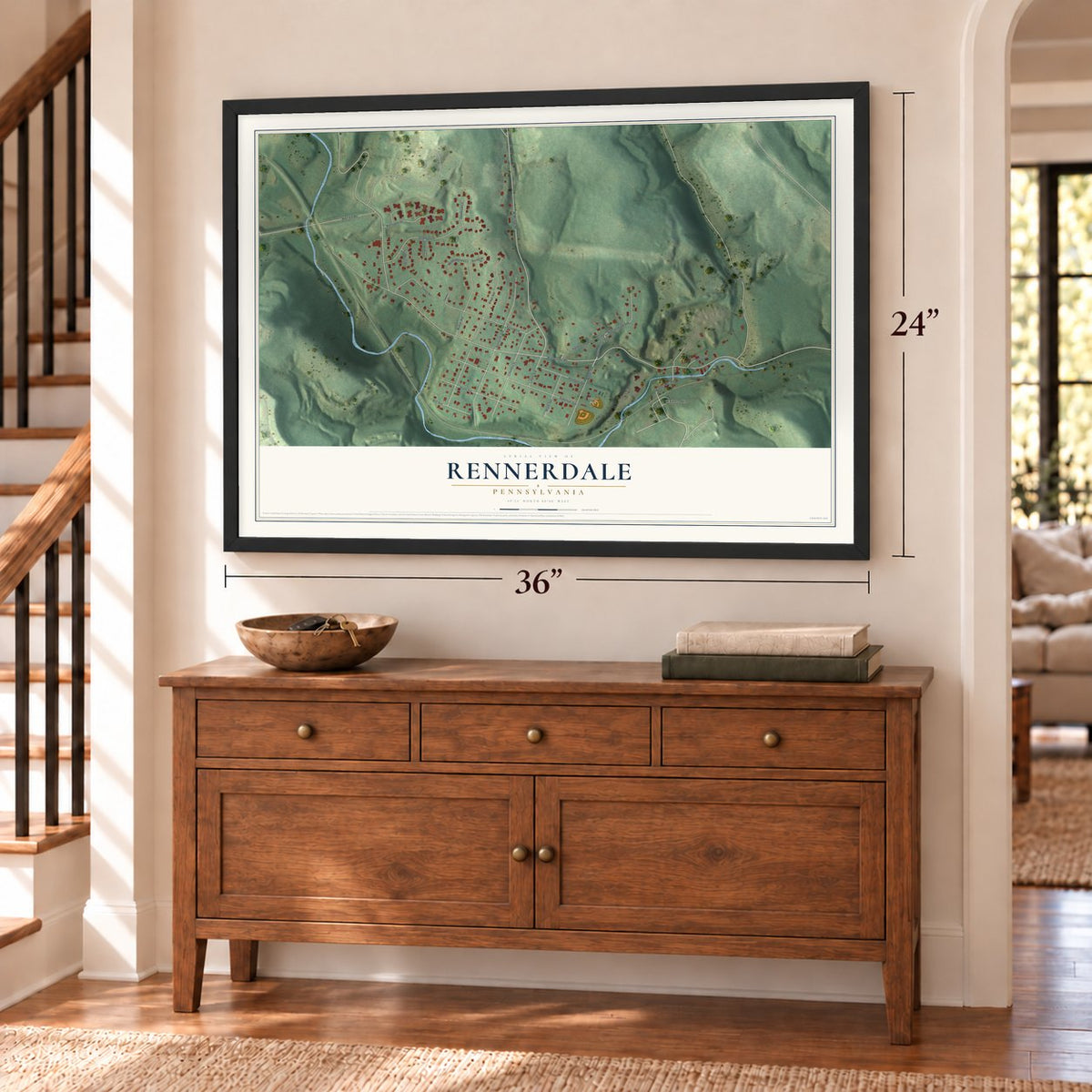 Rennerdale, Pennsylvania map, 24 x 36 inch print in a black frame above a dresser by a staircase
