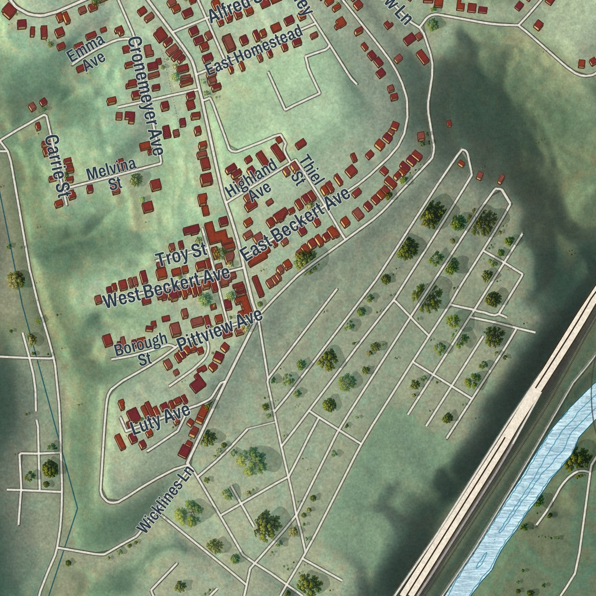 Second close-up of the map of Reserve, Pennsylvania print showing more streets and buildings
