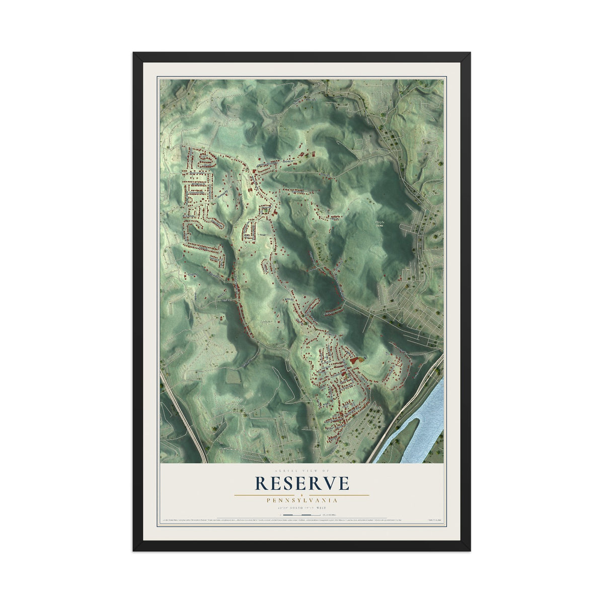 Map of Reserve, Pennsylvania, 12 x 18 inch print in a black wood frame