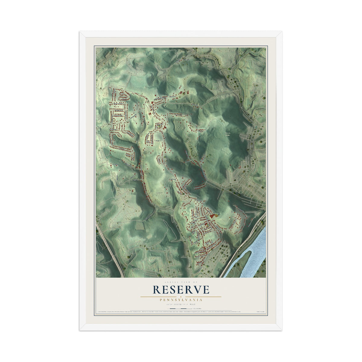 Map of Reserve, Pennsylvania, 12 x 18 inch print in a white wood frame