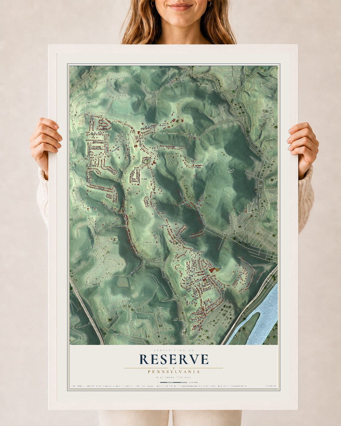 Map of Reserve, Pennsylvania, 24 x 36 inch print in a white wood frame