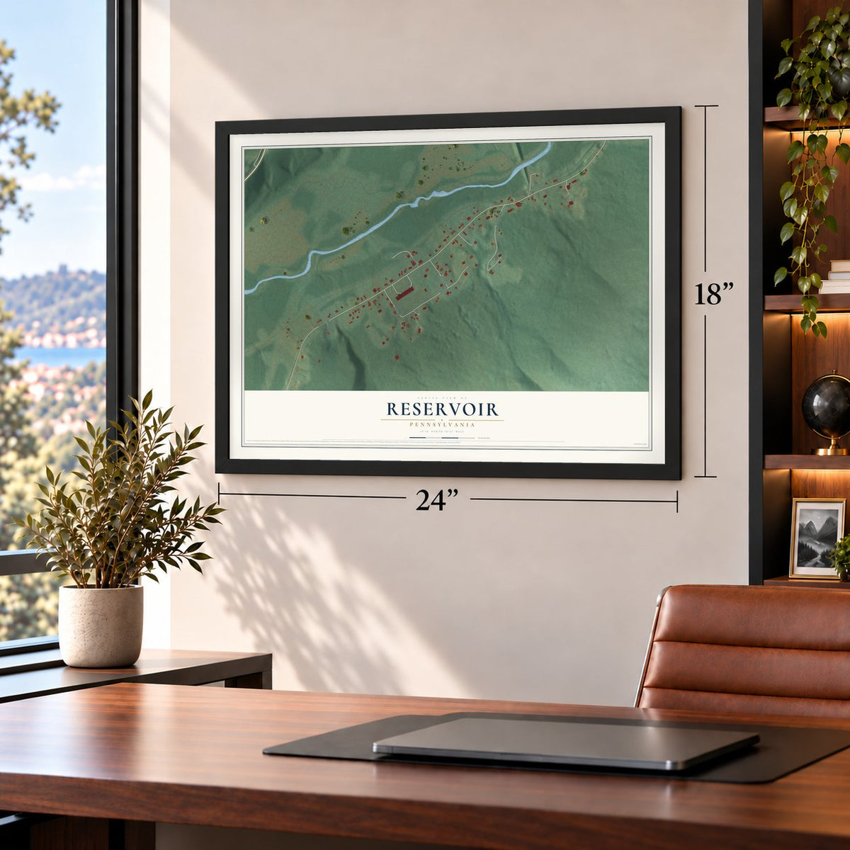 Reservoir, Pennsylvania map, 18 x 24 inch print in a black frame in a home office