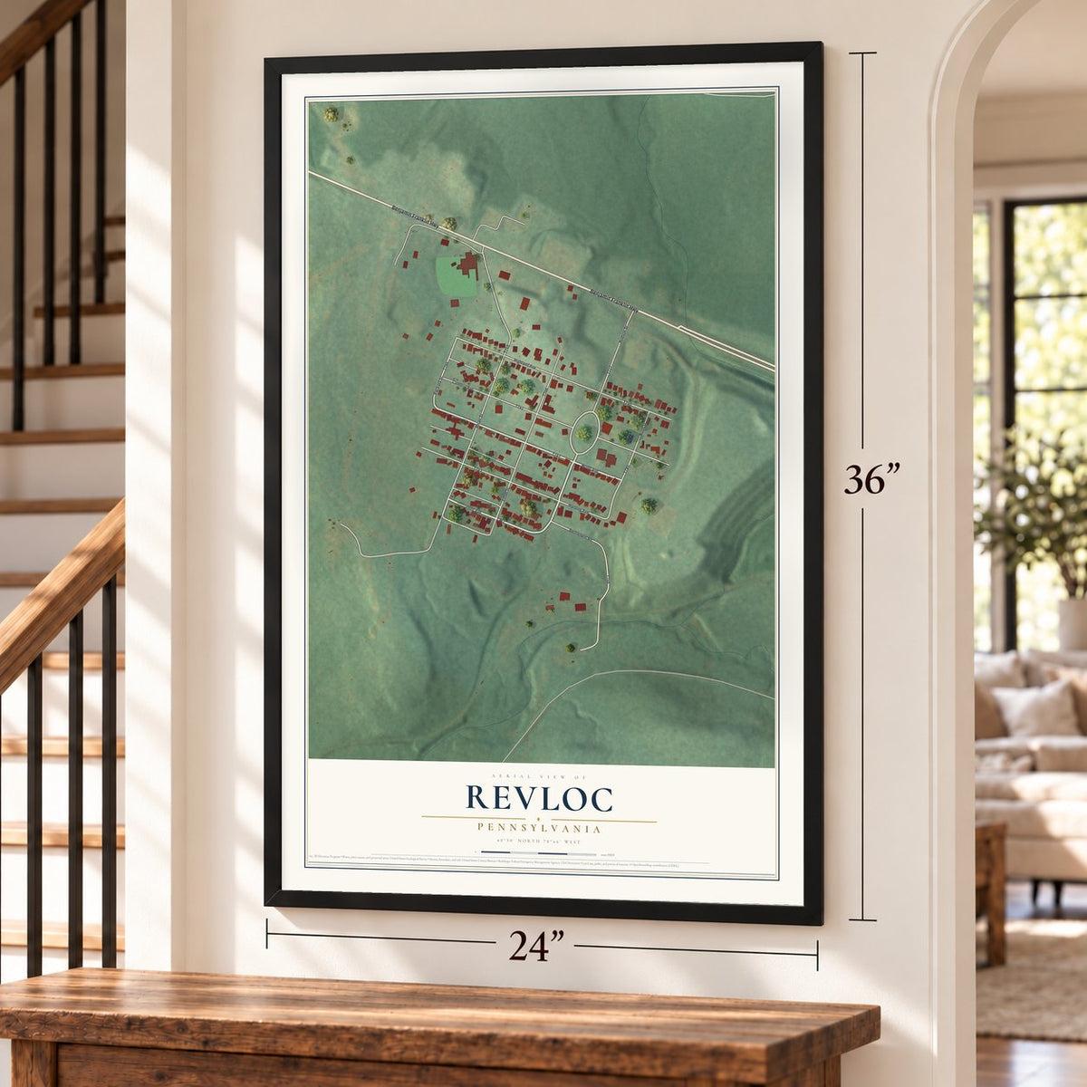 Revloc, Pennsylvania map, 24 x 36 inch print in a black frame by a staircase