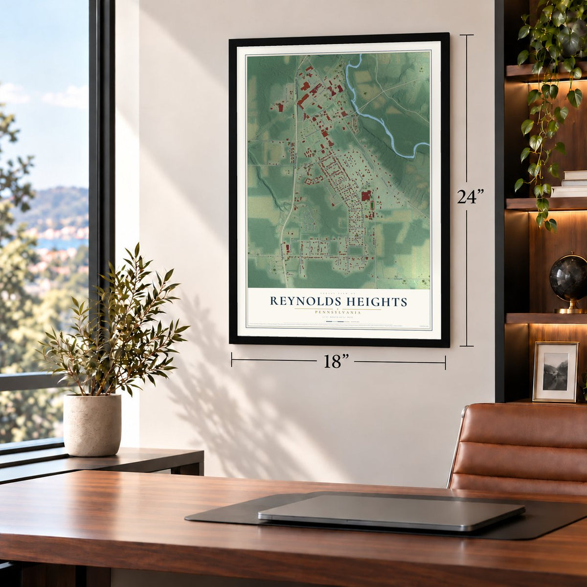 Reynolds Heights, Pennsylvania map, 18 x 24 inch print in a black frame in a home office