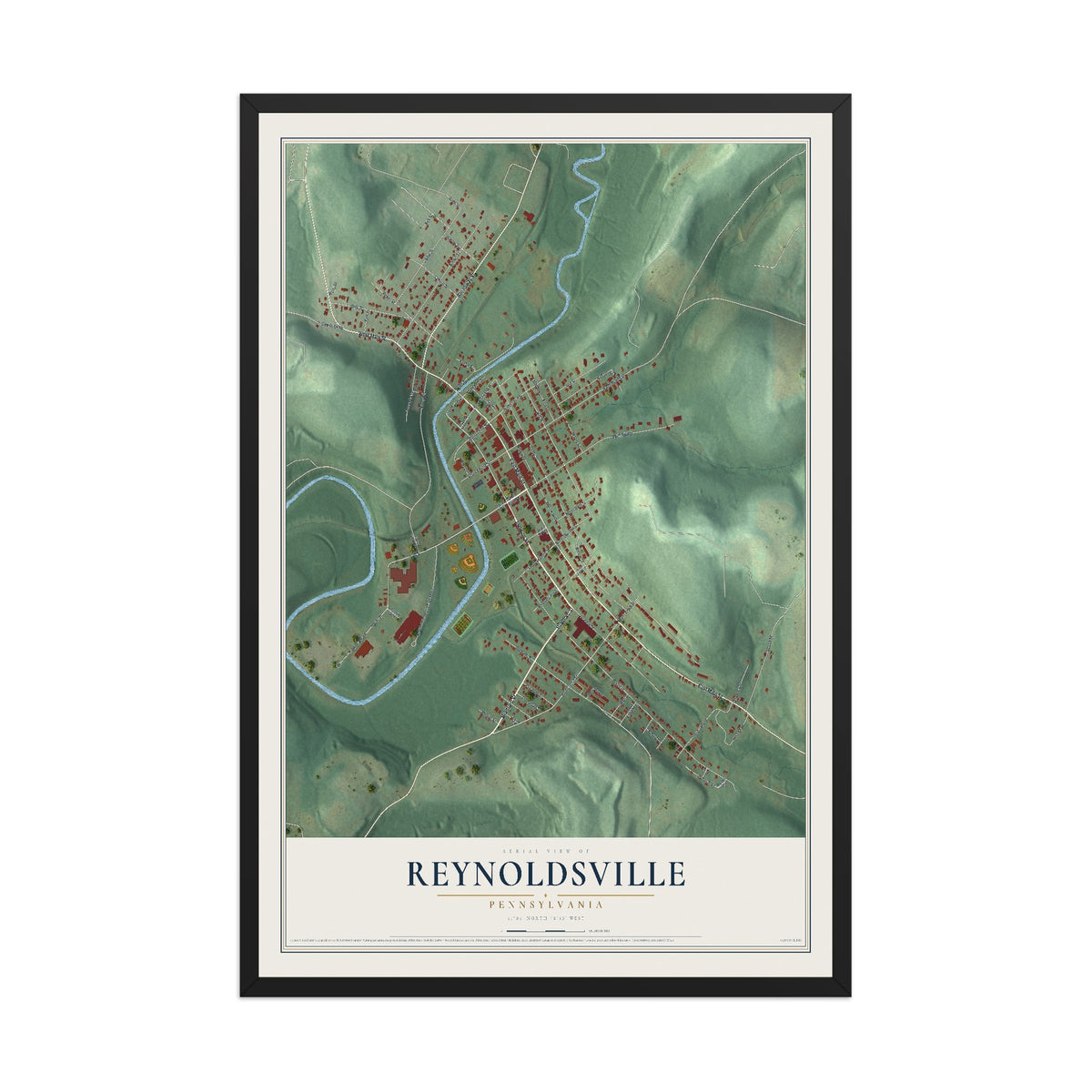 Map of Reynoldsville, Pennsylvania, 12 x 18 inch print in a black wood frame