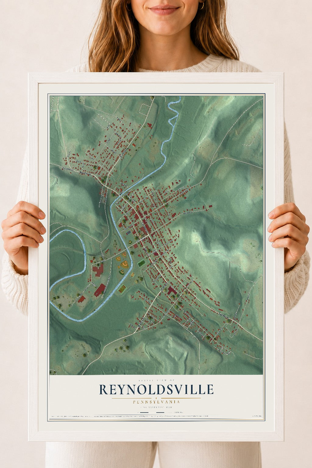 Map of Reynoldsville, Pennsylvania, 18 x 24 inch print in a white wood frame