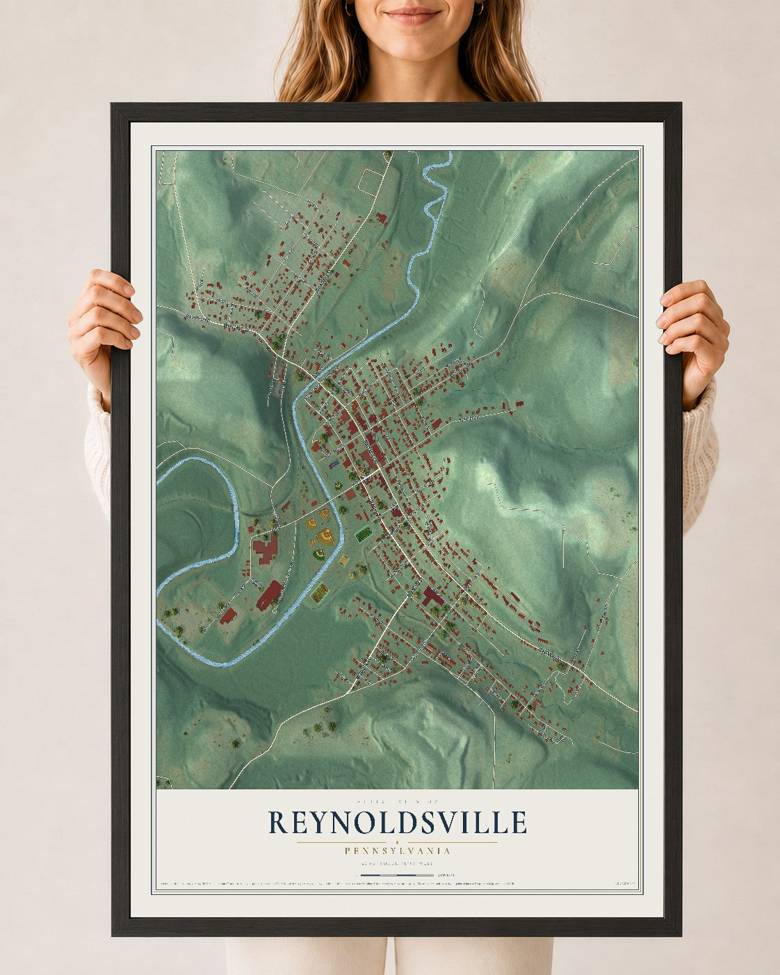 Map of Reynoldsville, Pennsylvania, 24 x 36 inch print in a black wood frame