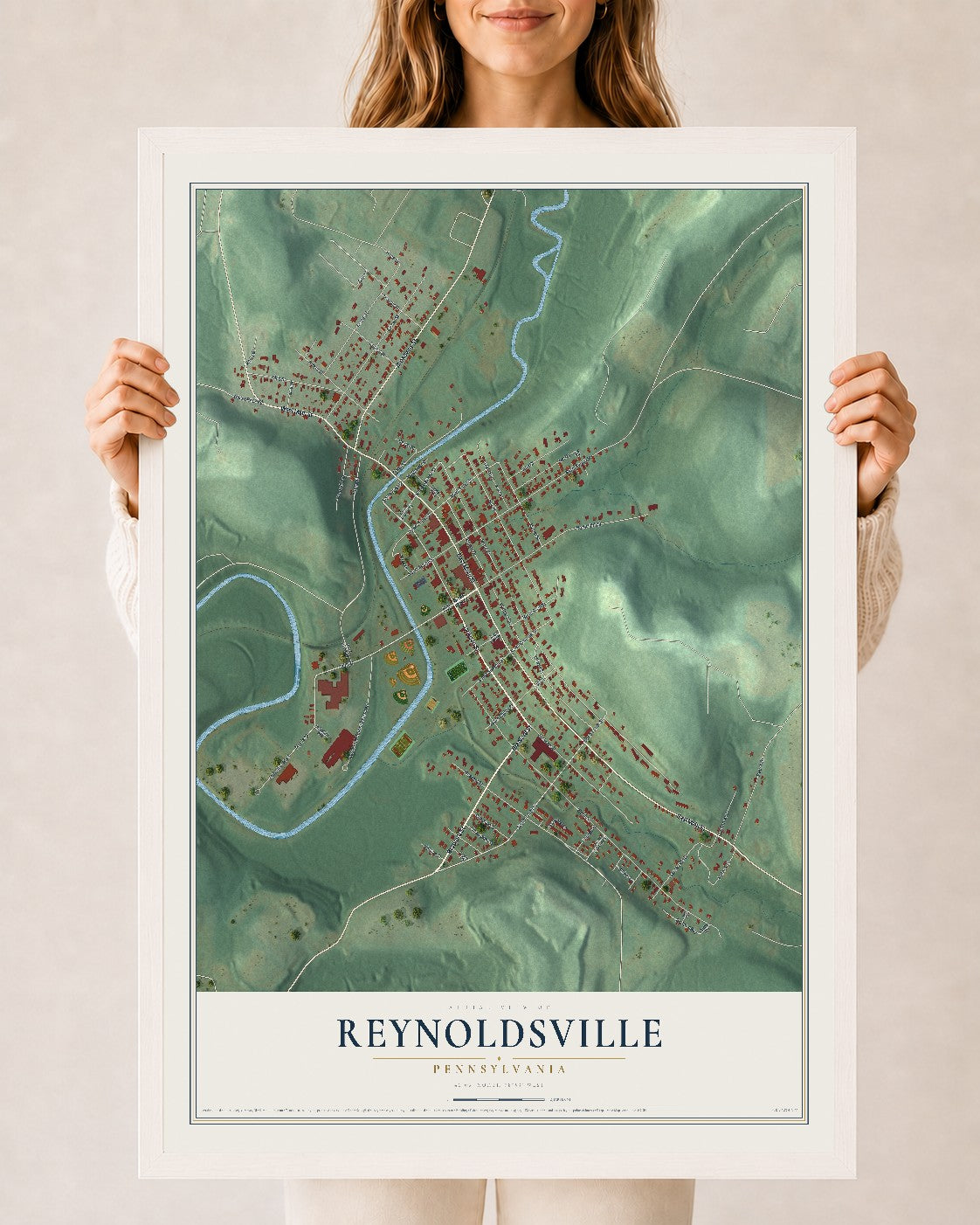 Map of Reynoldsville, Pennsylvania, 24 x 36 inch print in a white wood frame