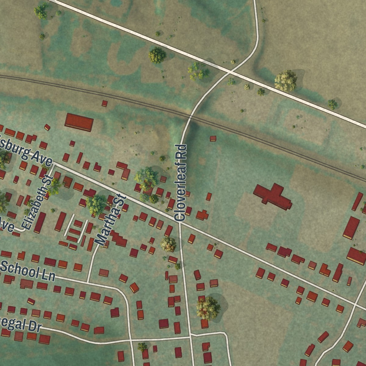 Close-up of the map of Rheems, Pennsylvania print showing street and building detail