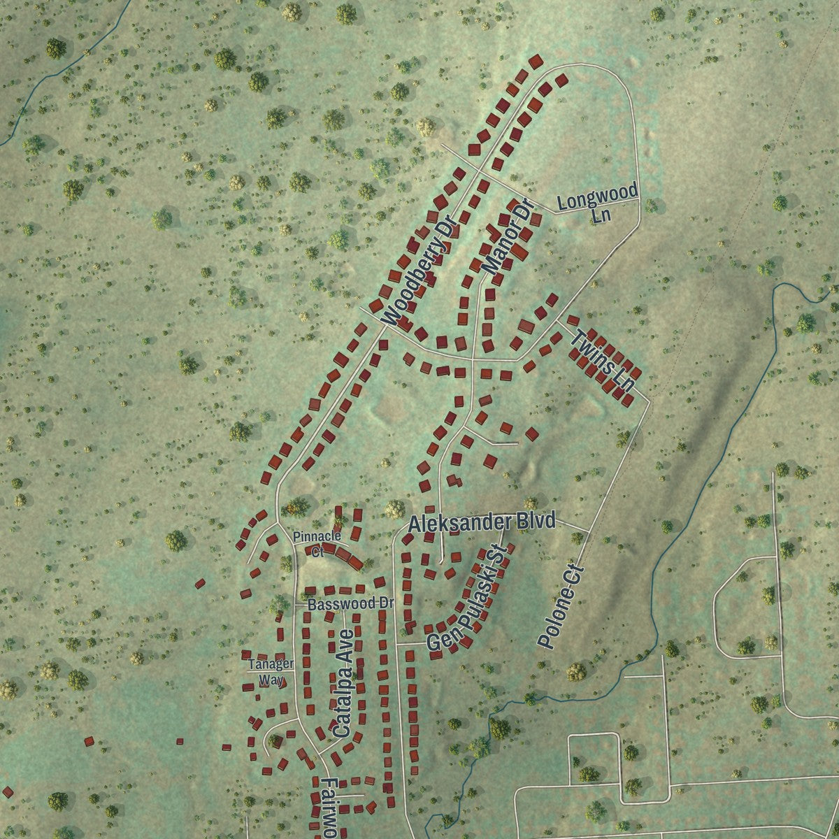 Second close-up of the map of Rice, Pennsylvania print showing more streets and buildings