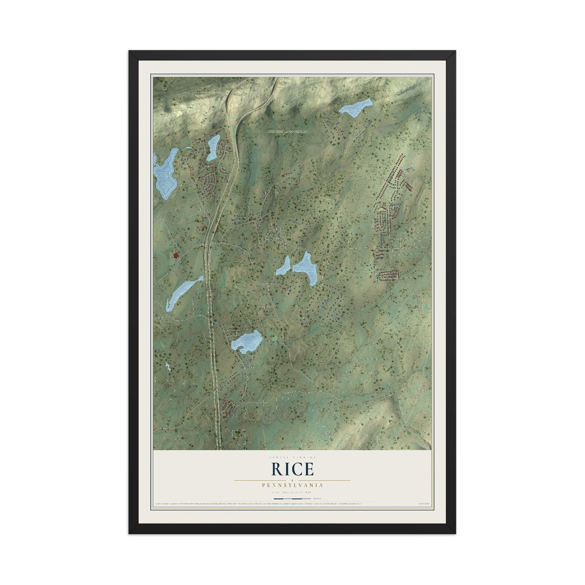 Map of Rice, Pennsylvania, 12 x 18 inch print in a black wood frame