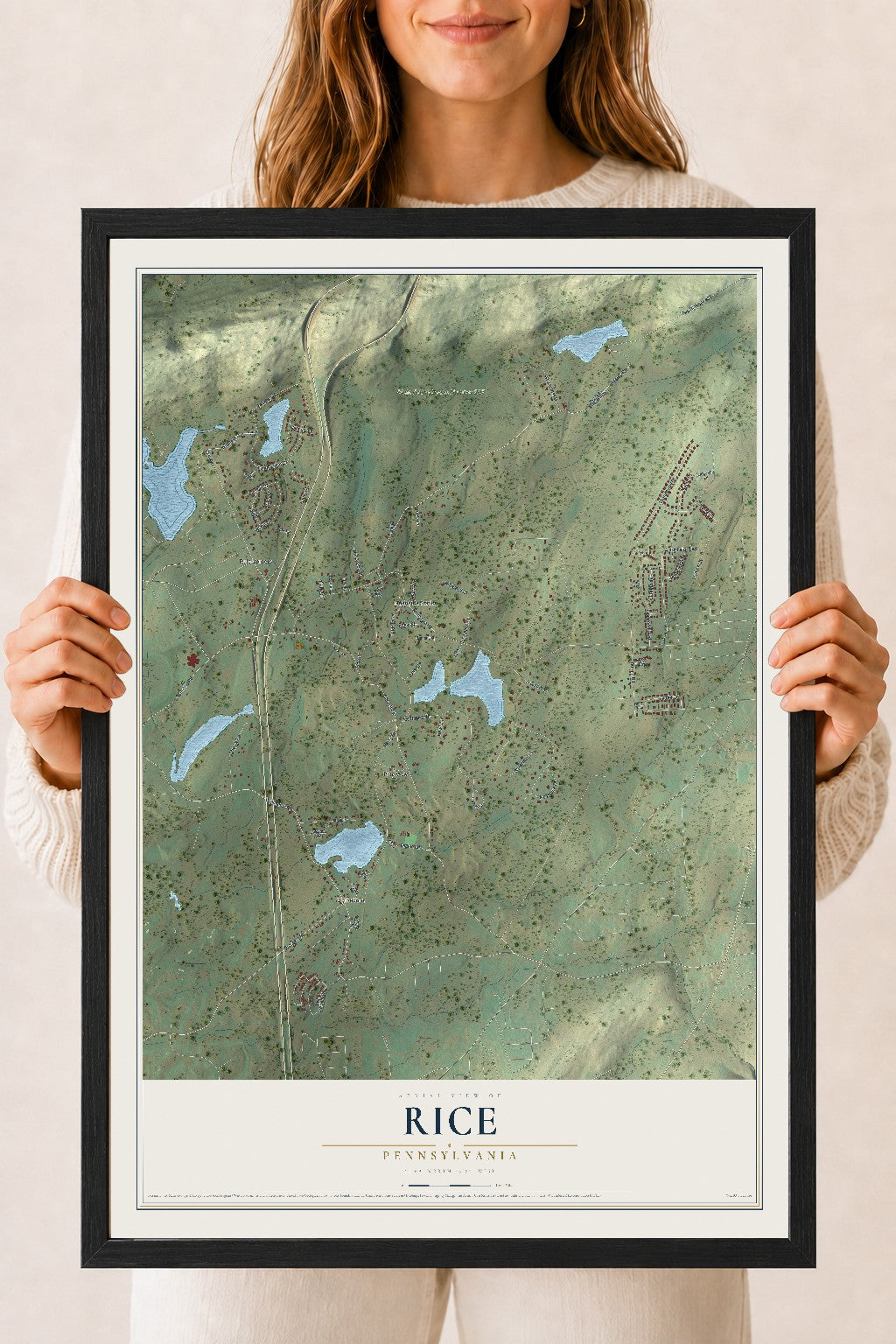Map of Rice, Pennsylvania, 18 x 24 inch print in a black wood frame