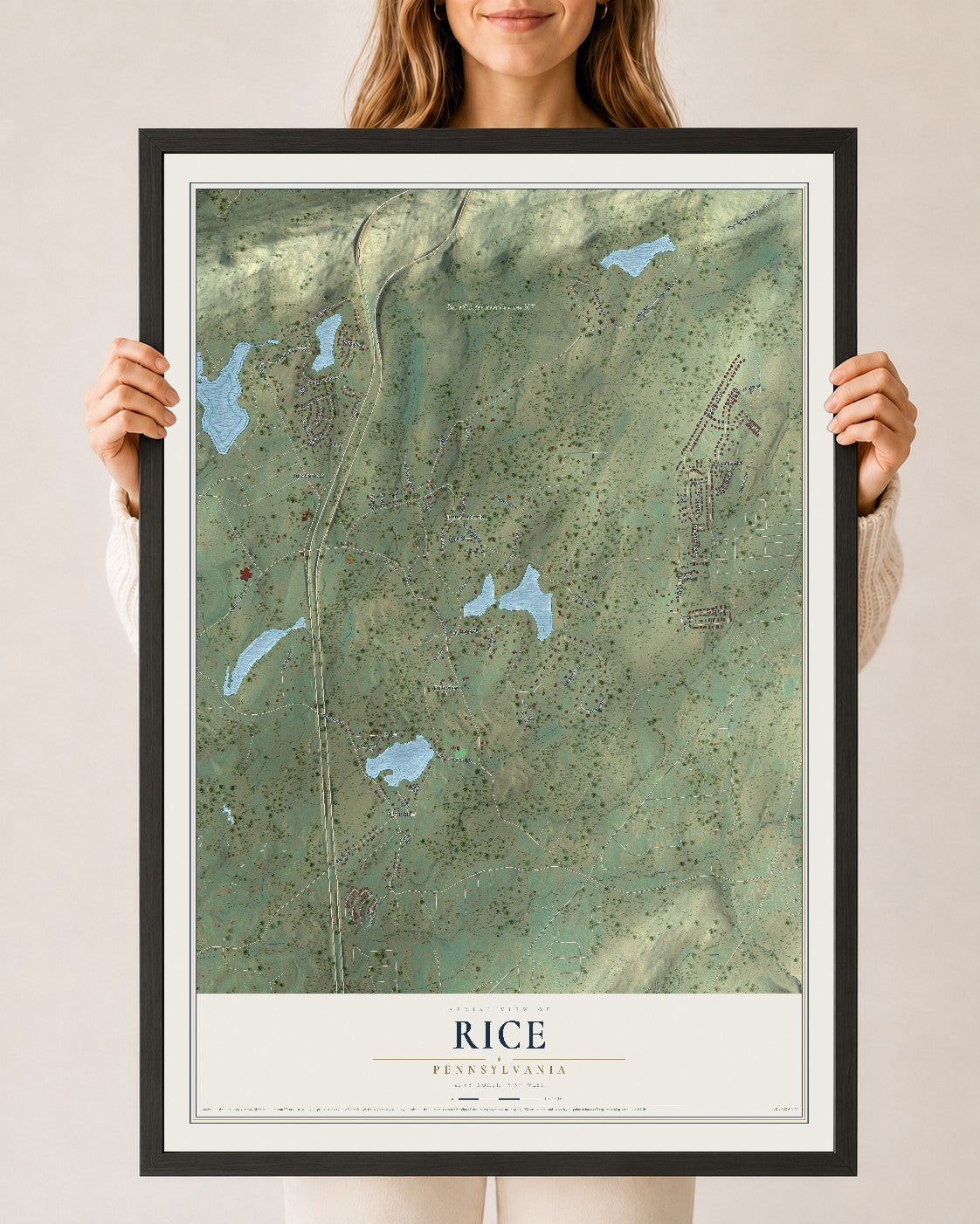 Map of Rice, Pennsylvania, 24 x 36 inch print in a black wood frame