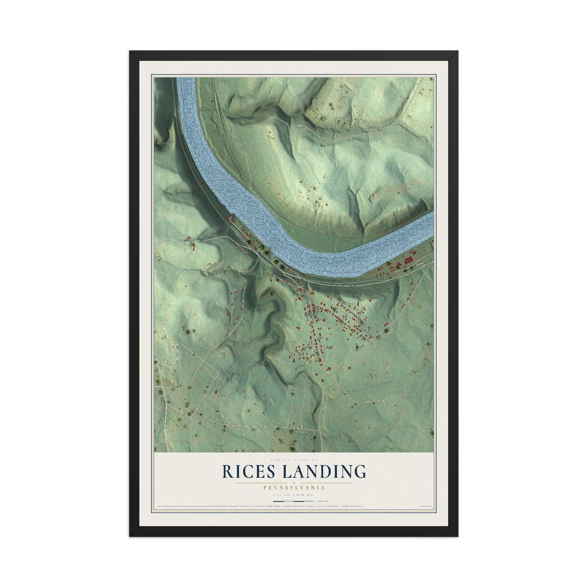 Map of Rices Landing, Pennsylvania, 12 x 18 inch print in a black wood frame