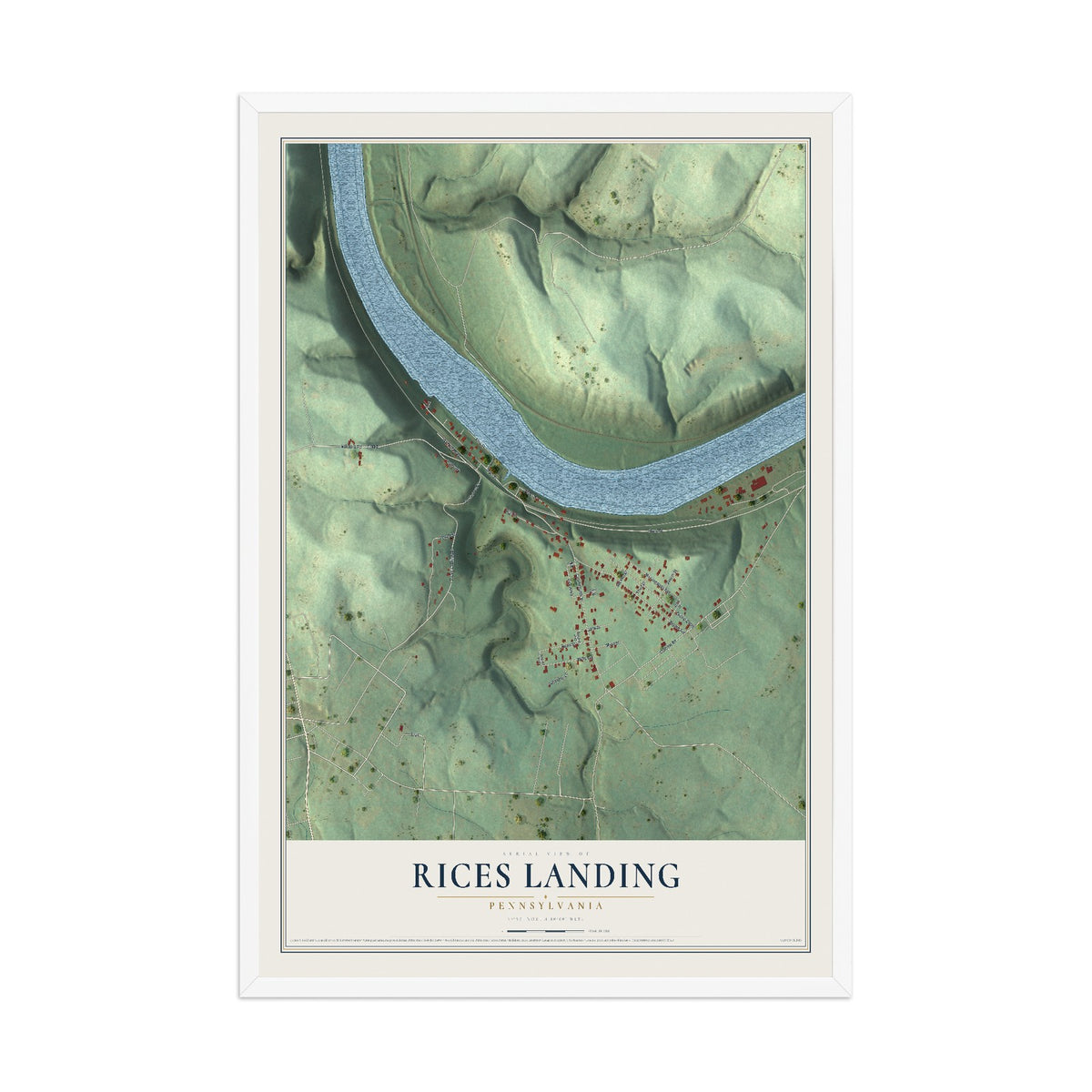 Map of Rices Landing, Pennsylvania, 12 x 18 inch print in a white wood frame