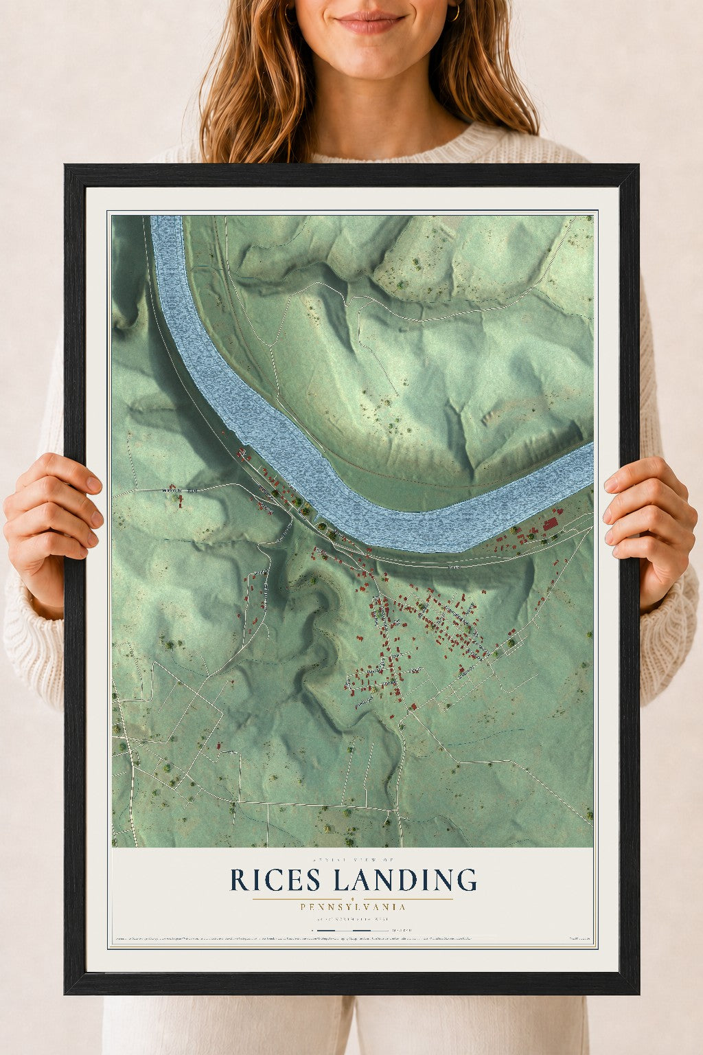 Map of Rices Landing, Pennsylvania, 18 x 24 inch print in a black wood frame