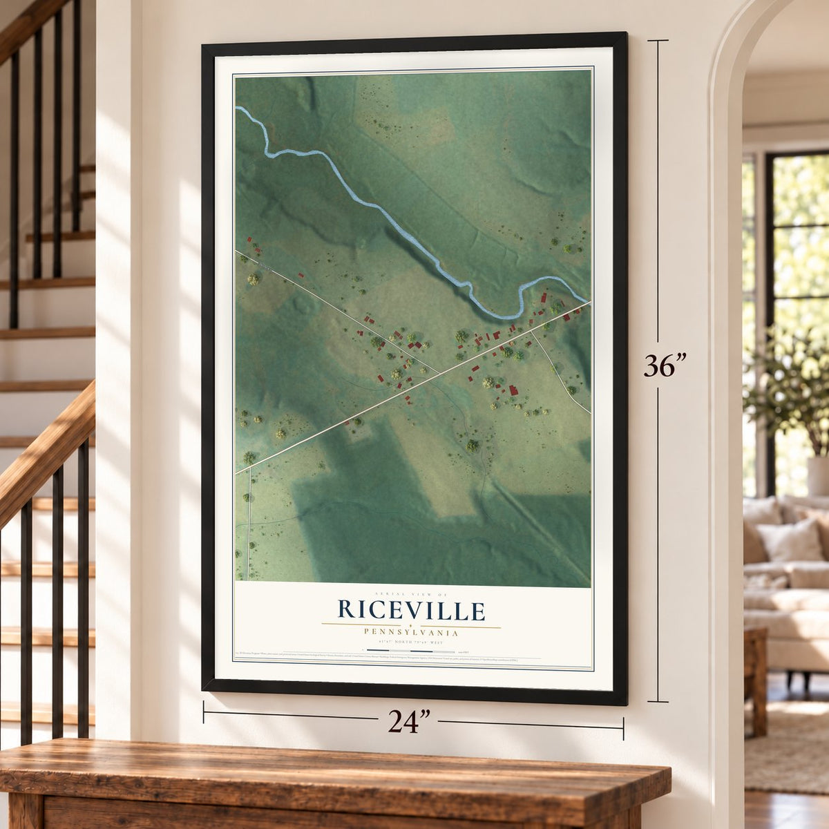 Riceville, Pennsylvania map, 24 x 36 inch print in a black frame by a staircase