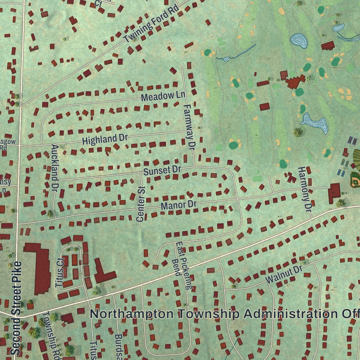 Close-up of the map of Richboro, Pennsylvania print showing street and building detail