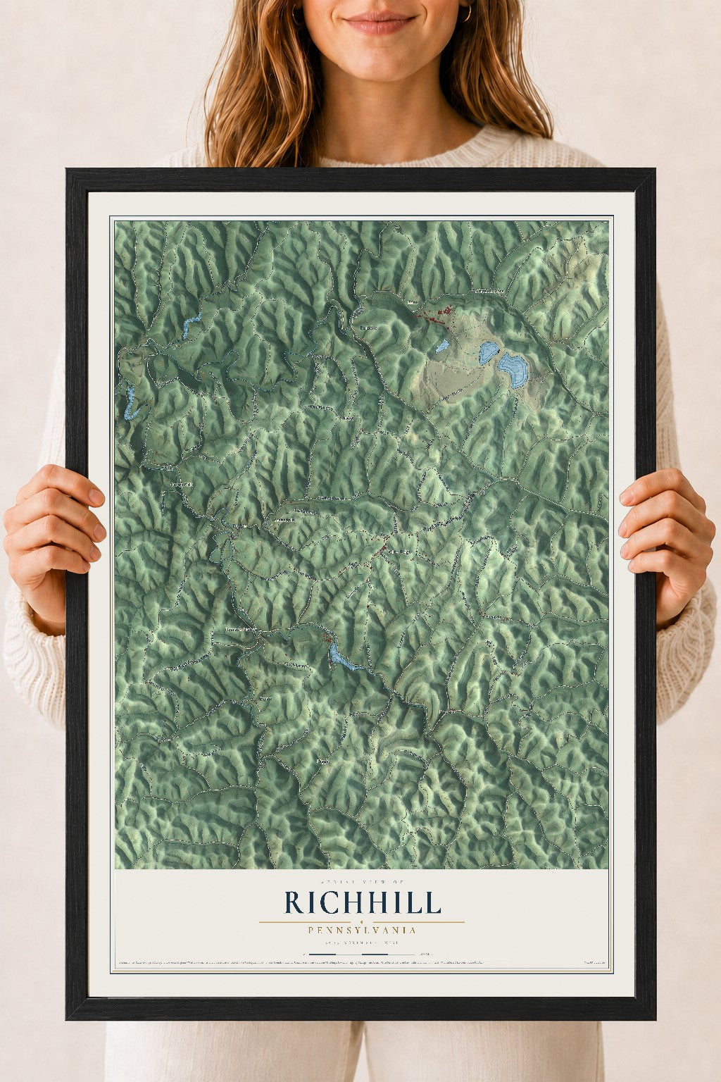 Map of Richhill, Pennsylvania, 18 x 24 inch print in a black wood frame