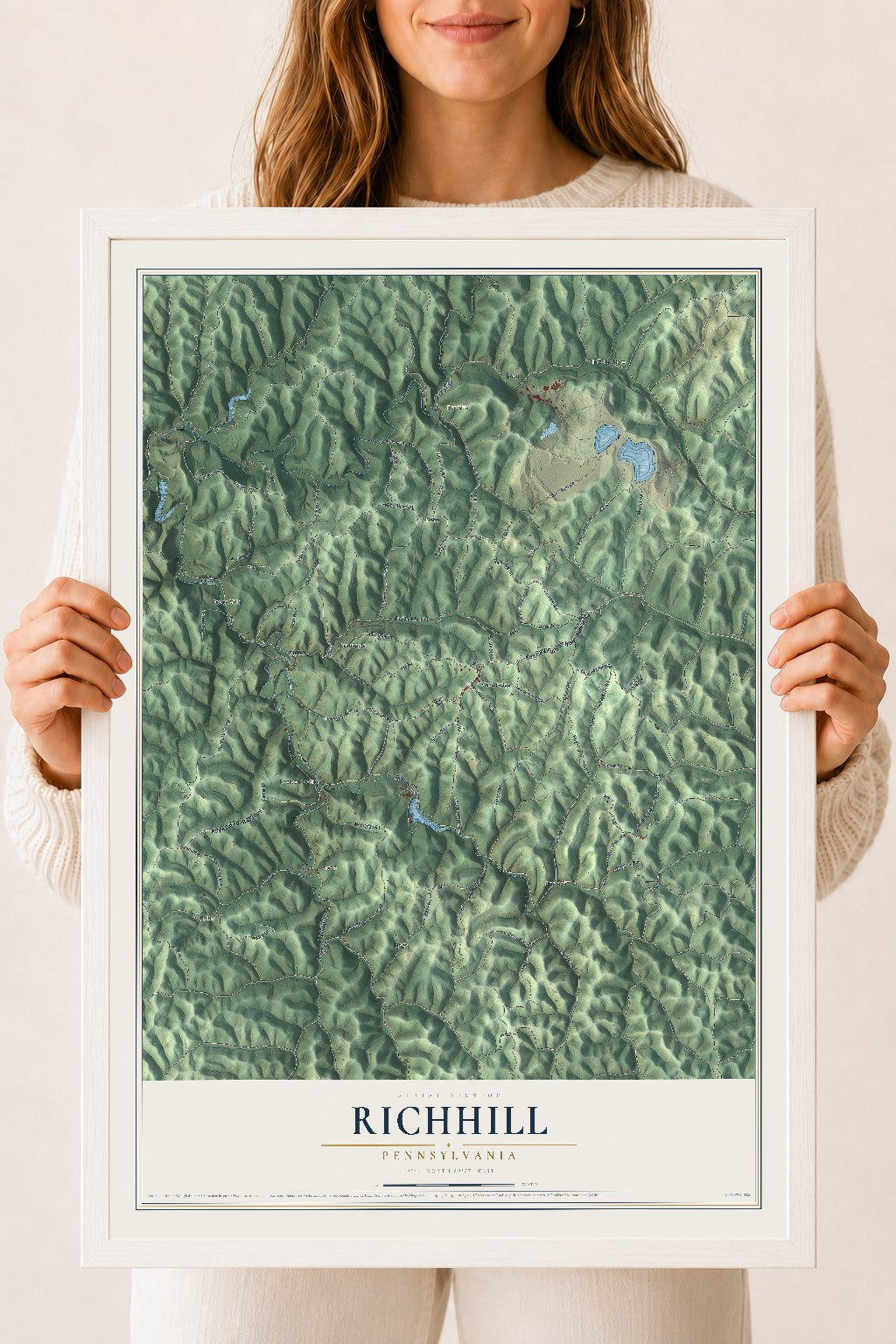 Map of Richhill, Pennsylvania, 18 x 24 inch print in a white wood frame