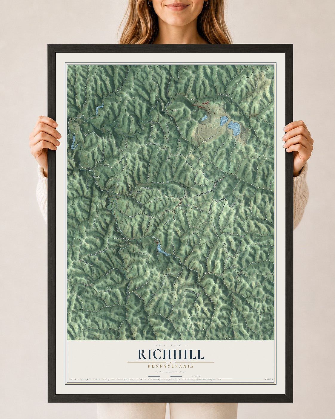 Map of Richhill, Pennsylvania, 24 x 36 inch print in a black wood frame