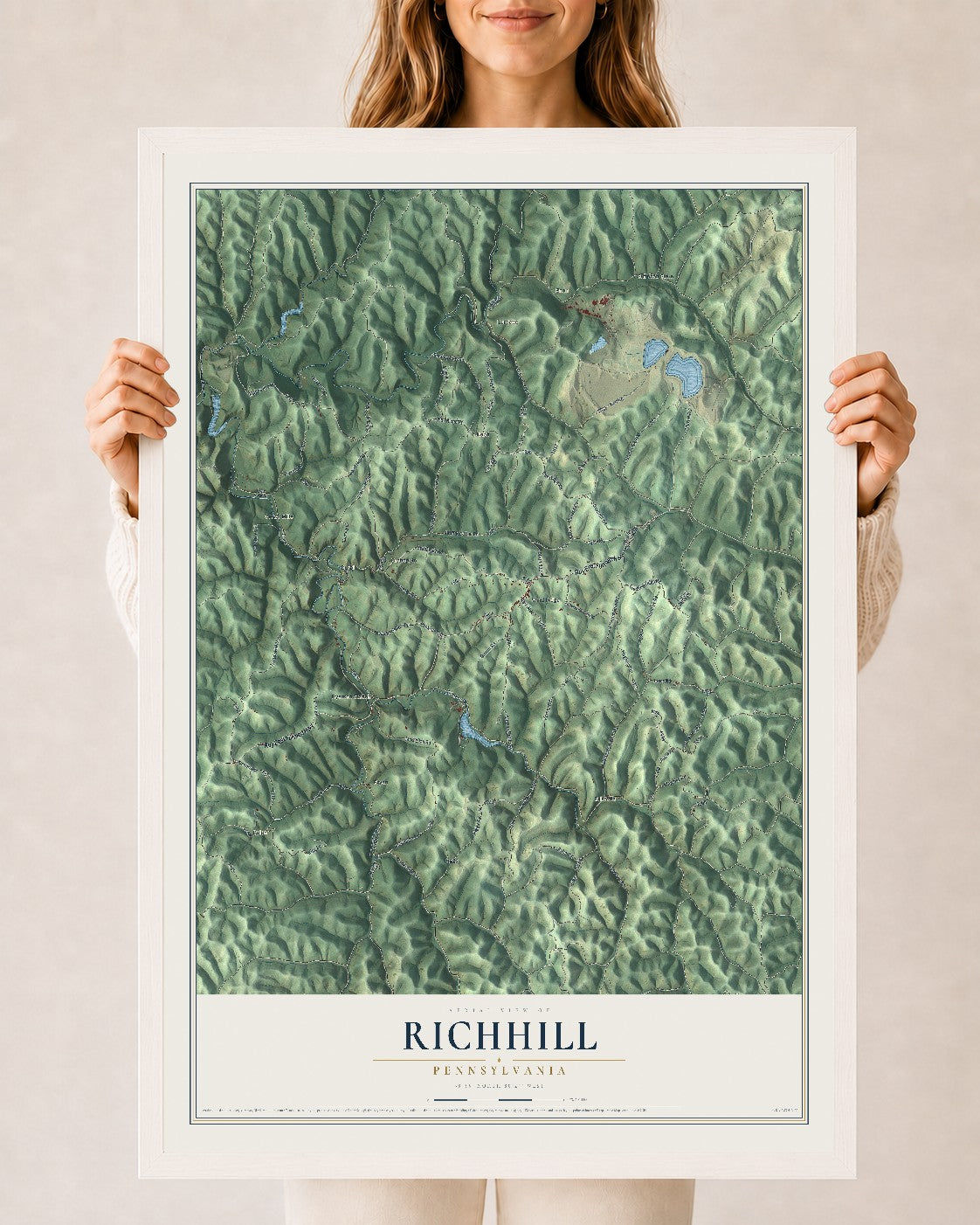 Map of Richhill, Pennsylvania, 24 x 36 inch print in a white wood frame