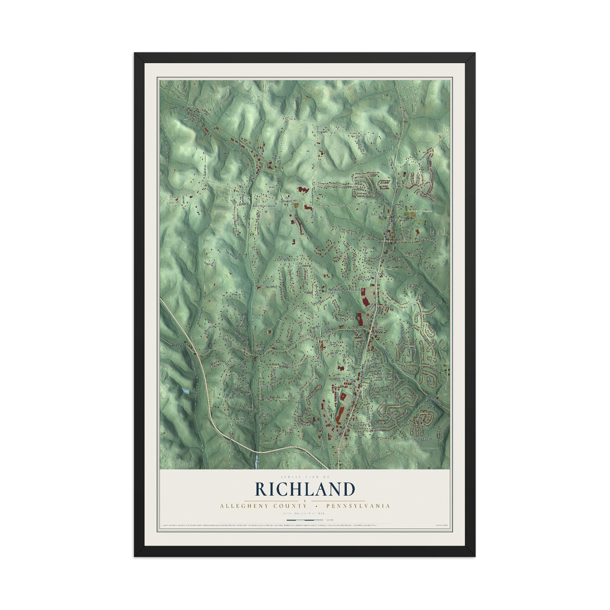 Map of Richland, Allegheny County, Pennsylvania, 12 x 18 inch print in a black wood frame