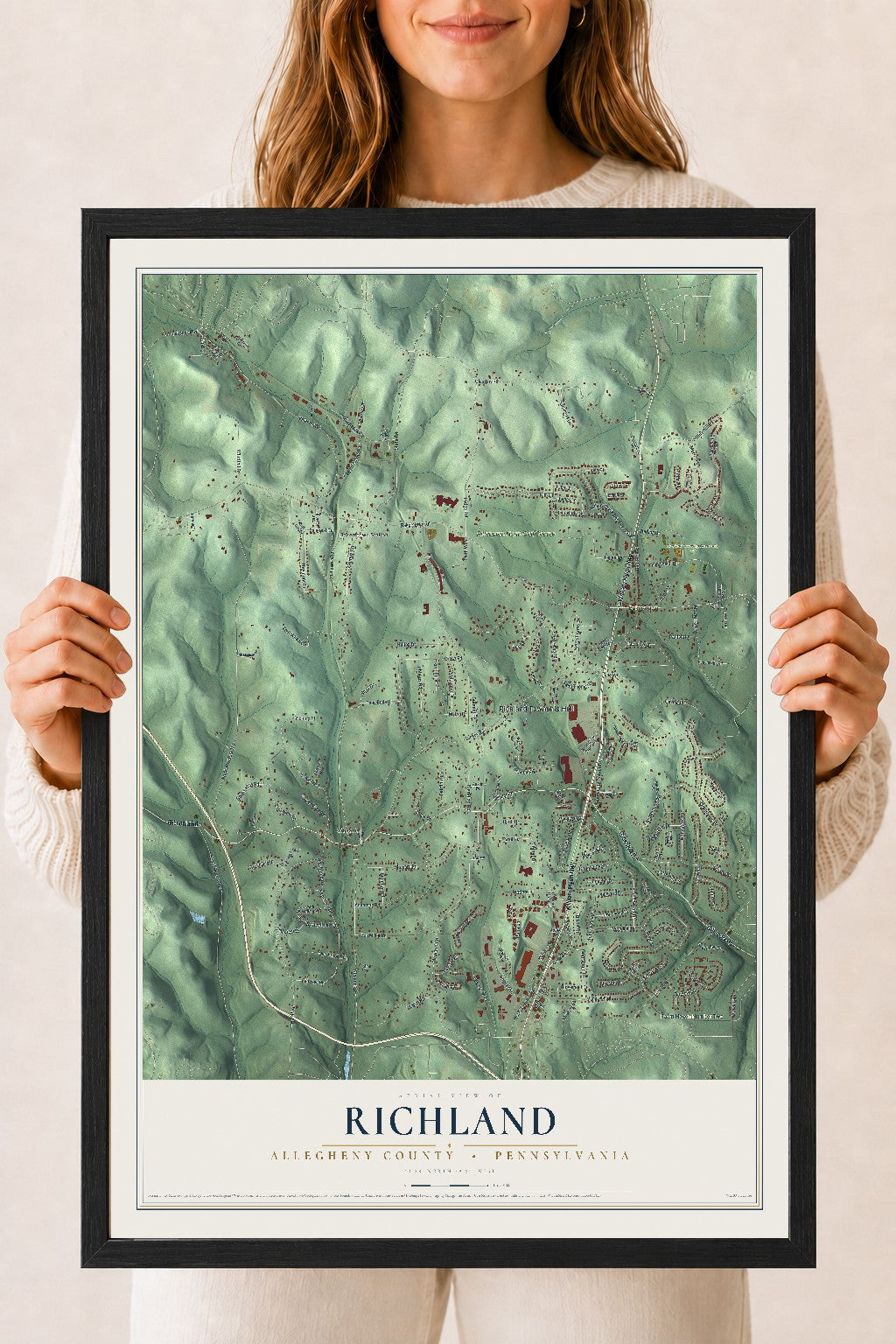 Map of Richland, Allegheny County, Pennsylvania, 18 x 24 inch print in a black wood frame