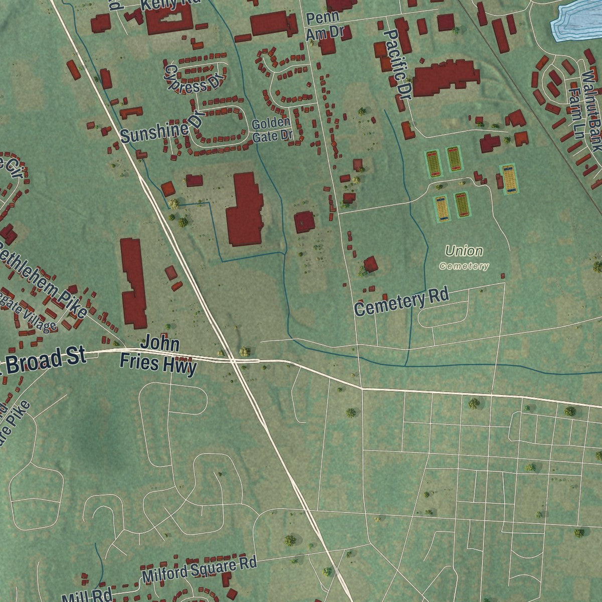 Second close-up of the map of Richland, Bucks County, Pennsylvania print showing more streets and buildings