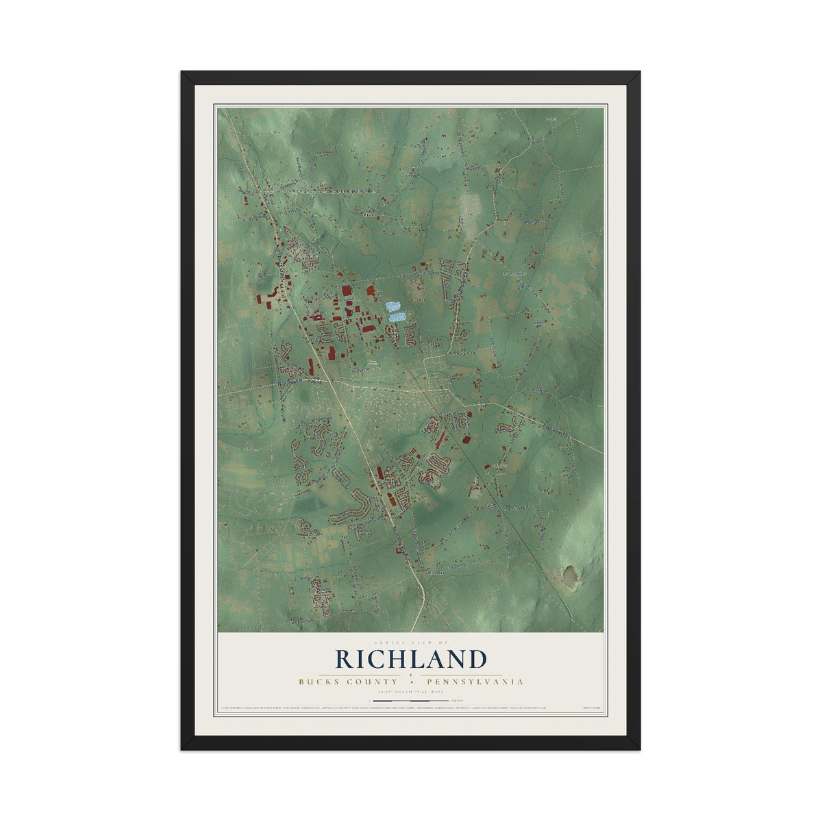 Map of Richland, Bucks County, Pennsylvania, 12 x 18 inch print in a black wood frame