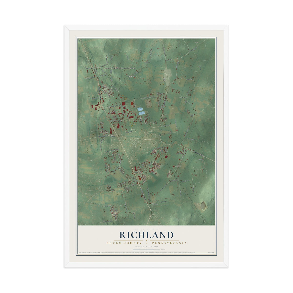 Map of Richland, Bucks County, Pennsylvania, 12 x 18 inch print in a white wood frame