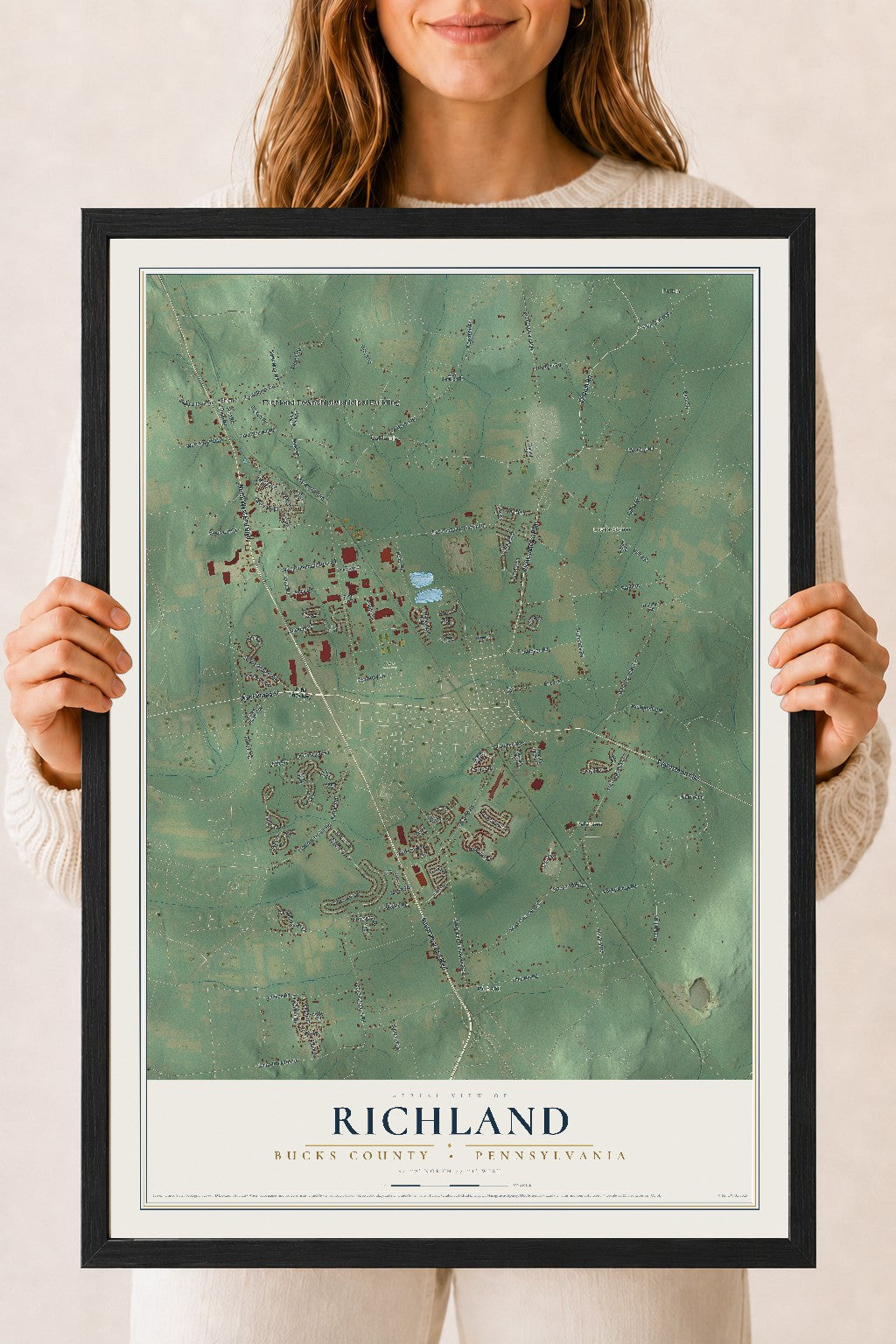 Map of Richland, Bucks County, Pennsylvania, 18 x 24 inch print in a black wood frame